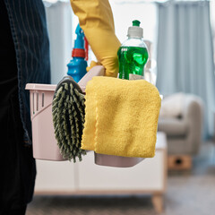Cleaning product, chemical and basket with woman in living room to clean bacteria, dust and dirt...