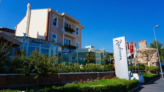 Istanbul, Turkey - September 14, 2022: Radisson hotel on the coast of Bosphorus strait