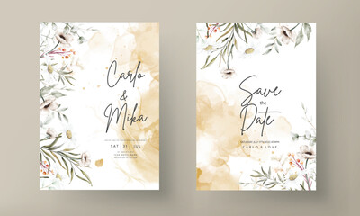 beautiful watercolor wedding invitation card with elegant flower and tiny foliage