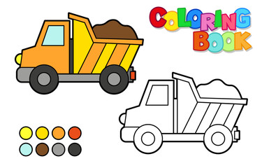 Vector illustration of a dump truck Coloring book for children. Simple level
