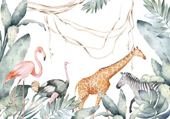 Watercolor hand drawn illustration, colorful tropical palm leaves, African animals. Exotic green leaves, liana, branches isolated on white background. Floral jungle tree, flamingo, giraffe, zebra.