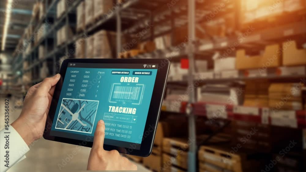 Poster warehouse management deft software in computer for real time monitoring of goods package delivery . 