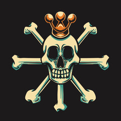 Skull Bone With Crown Retro Vector Illustration