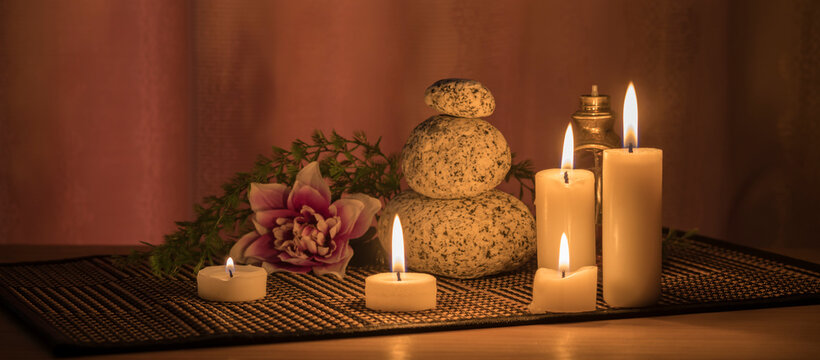 spa decor items. Spa decoration objects. candles stone, plants.  Relaxation room.