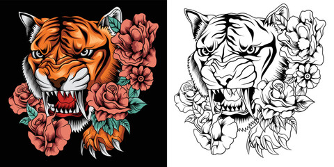 vector illustration of roaring tiger head and roses tattoo