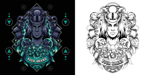 Colorful tattoo vintage template with horned girl in spooky mask red roses and skeleton hand strokes skull on dark background isolated vector illustration