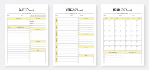 Daily, weekly, monthly planner template. Daily productivity planner. Modern planner template set. Organizer & Schedule Planner. Set of planner & to do list. Planner Collection Set.