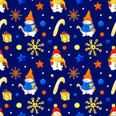 Seamless pattern. Watercolor illustration. Christmas snowmen, snowflakes, candies, gifts, confetti on a dark blue background. For packaging, paper, fabric, etc.
