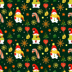 Seamless pattern. Christmas snowmen, snowflakes, candy, Christmas tree, confetti on a dark green background. Watercolor illustration. For packaging, paper, fabric, etc.