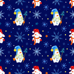 Seamless pattern. Christmas snowmen, snowflakes, confetti painted in watercolor. Watercolor illustration. Dark blue background with bright illustrations. For packaging, paper, fabric, etc.