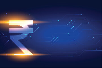 shiny indian rupee digital currency background with circuit lines