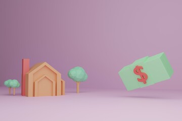 house model on a pink background and dollar bill, word estimate, house building, house building budget, 3D render