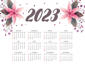 new year 2023 calendar template with floral decoration