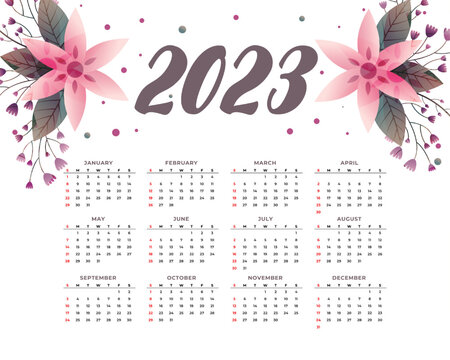 new year 2023 calendar template with floral decoration