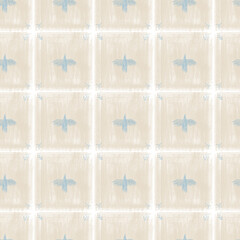 Mosaic texture ceramic tile. Beige seamless pattern. Ancient tessellation ornament. Blue crow pencil drawing. Design for wrapping paper, wallpaper, textile.