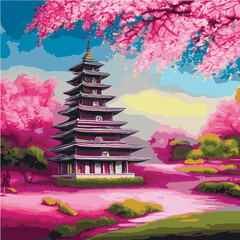 Japanese pagoda, in garden. Cherry flower branch. Vector illustration Chinese house. Cherry blossoms. Apple tree. House in traditional Asian architecture. Rural multi-storey Korean temple, castle. - obrazy, fototapety, plakaty