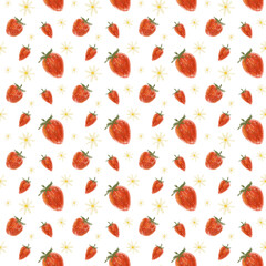 Strawberry seamless pattern. Red fruit hand draw tile on white background. Design for wrapping paper, wallpaper, textile. Vegetarian fabric, tablecloth texture
