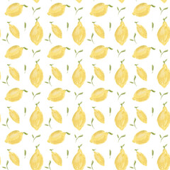 Lemon seamless pattern. Yellow fruit hand draw tile on white background. Design for wrapping paper, wallpaper, textile. Vegetarian fabric, tablecloth texture