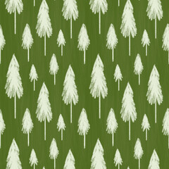Christmas seamless pattern. Pencil Christmas tree tile on green background. Design for wrapping paper, wallpaper, textile. Tablecloth winter texture, holiday pattern