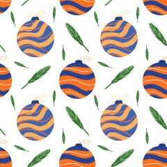 Christmas seamless pattern. Christmas tree toy tile on white background. Design for wrapping paper, wallpaper, textile. Tablecloth winter texture, holiday pattern