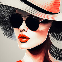 Woman with elegant hairstyle and makeup, wearing hat and sunglasses. Fashion, beauty salon and lifestyle illustration. Young lady portrait isolated on light fund. Red lipstick