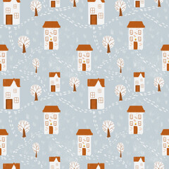 Christmas seamless pattern. Snow covered house and tree tile on blue background. Design for wrapping paper, wallpaper, textile. Tablecloth winter texture, holiday pattern