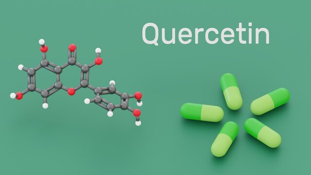 Quercetin - plant flavonol from the flavonoid group of polyphenols. Quercetin molecule and capsules. Quercetin  antioxidant. 3d illustration