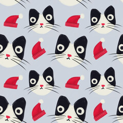 Cat faces with red christmas hat on blue background. Christmas seamless pattern. Design for wrapping paper, wallpaper, textile. Tablecloth winter texture, holiday pattern