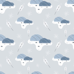 Snowed stones seamless pattern. Christmas design for wrapping paper, wallpaper, textile. Tablecloth winter texture, holiday pattern