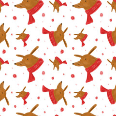 Dog faces with red scarf. Christmas seamless pattern. Design for wrapping paper, wallpaper, textile. Tablecloth winter texture, holiday pattern