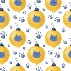 Christmas yellow toy with cat faces. Christmas seamless pattern. Design for wrapping paper, wallpaper, textile. Tablecloth winter texture, holiday pattern