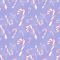 Christmas lollipop on lavender background. Christmas seamless pattern. Design for wrapping paper, wallpaper, textile. Tablecloth winter texture, holiday pattern