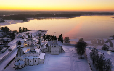 ferapontovo winter monastery landscape, top view christmas religion architecture background