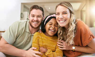 Family, adoption and happiness portrait with foster child, mother and father together for love,...