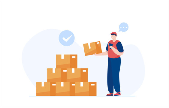 Warehouse Worker scanning parcel barcode. Vector Illustration