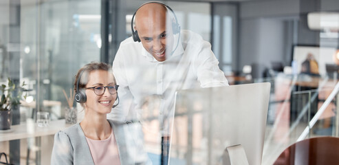 Business people, call center and coaching on computer for telemarketing, customer service or...