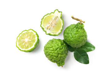 Flat lay (top view) of Bergamot fruit with cut in half and leaf isolated on white background.Clipping path. - obrazy, fototapety, plakaty