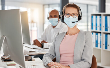 Covid, call center and portrait in office with medical mask for safety, health and protection from...