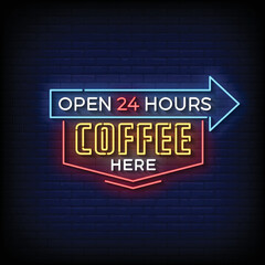Obraz premium Neon Sign coffee here with brick wall background vector