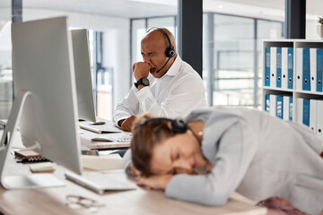 Call center burnout, tired customer service team and consultant exhausted after crm consulting, working or customer support. Telemarketing, online help desk and sleeping agent with overtime fatigue