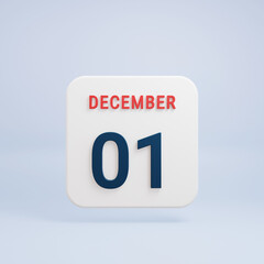 December Realistic Calendar Icon 3D Rendered Date December 01