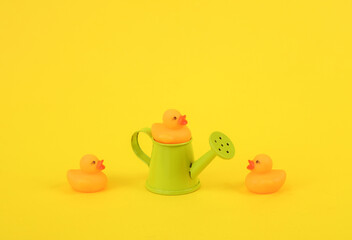 Rubber little ducklings with watering can on a yellow background