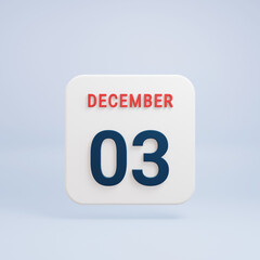 December Realistic Calendar Icon 3D Rendered Date December 03
