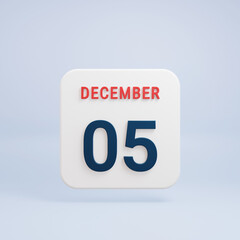 December Realistic Calendar Icon 3D Rendered Date December 05