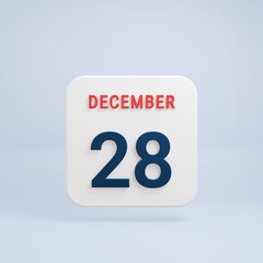 December Realistic Calendar Icon 3D Rendered Date December 28