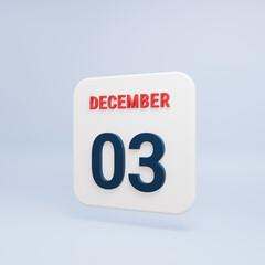 December Realistic Calendar Icon 3D Rendered Date December 03