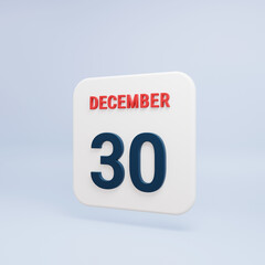 December Realistic Calendar Icon 3D Rendered Date December 30