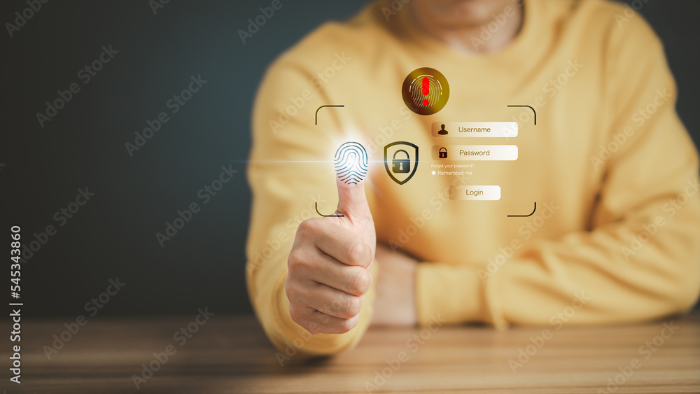 Leinwandbilder Man login with fingerprint scanning technology. Security concepts and fingerprint password control in the technology of the future. Exclamation mark.