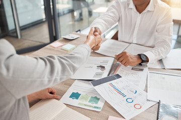 Marketing, documents and business people handshake in office for deal or onboarding interview. Partnership, b2b and contract agreement, shaking hands and thank you, negotiation and welcome to company