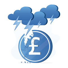 Huge pounds sterling coin that was struck by lightning. Economic crisis, recession in UK. Bad financial condition, inflation. Business troubles. financial problems. Big clouds and lightnings.